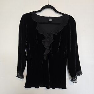 VTG Y2K ECI New York Black Velvet Blouse With Ruffles